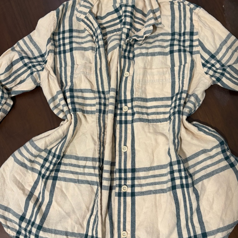 Madewell Flannel Shirt Beige Blue With Pockets and Buttons Women's XS